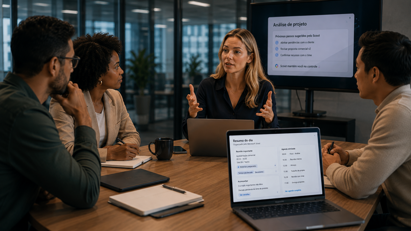 Equipe em reunião enquanto o Microsoft Scout analisa o projeto, sugere próximos passos e organiza a agenda de trabalho
