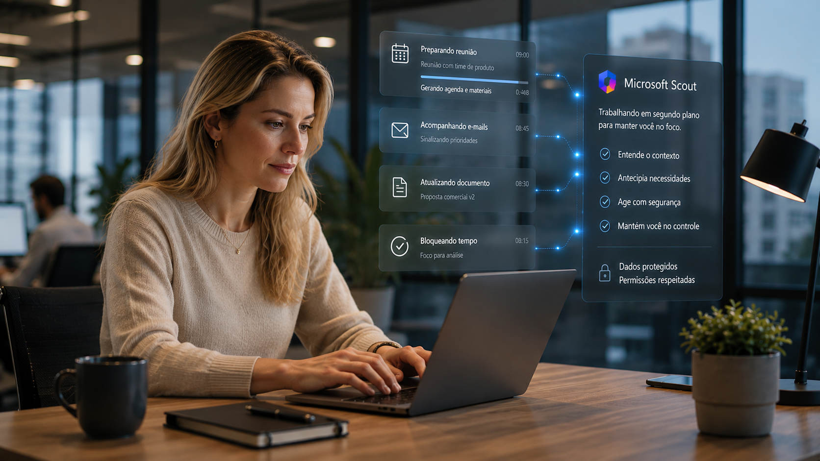 Mulher trabalhando em notebook enquanto o Microsoft Scout monitora tarefas, reuniões e e-mails em segundo plano