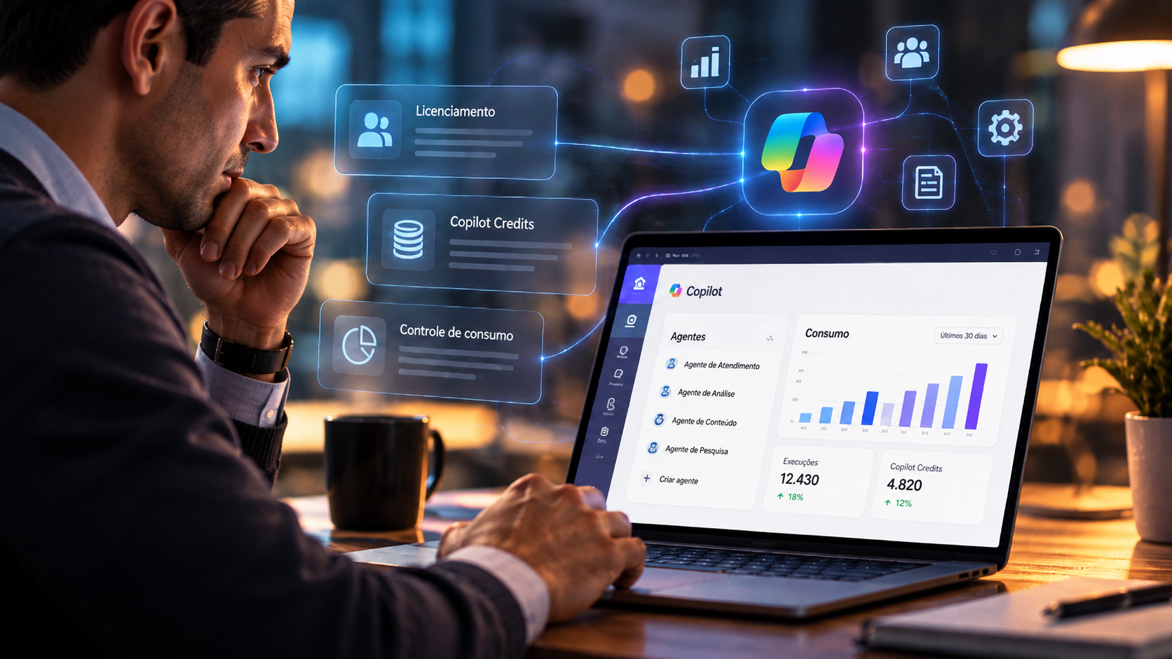 Representação de agentes Microsoft Copilot e indicadores de consumo de créditos em ambiente corporativo.
